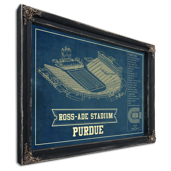 Purdue Boilermakers - Ross-Ade Football Stadium Print in a distressed Vintage Black wood frame with ornate corners