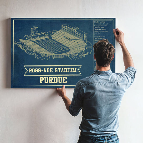 Purdue Boilermakers - Ross-Ade Football Stadium Print framed in Vintage Black above a mid-century record console