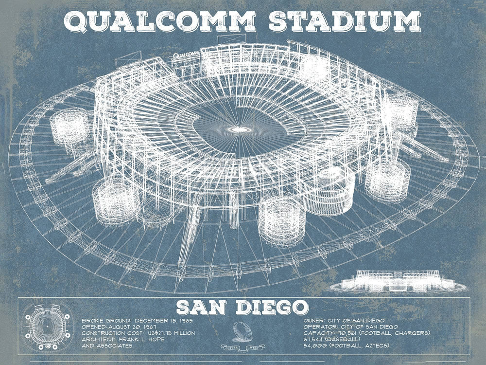 14" x 11" / Stretched Canvas Wrap Cutler West Qualcomm Stadium - San Diego Stadium - Vintage San Diego State Aztecs Football Print