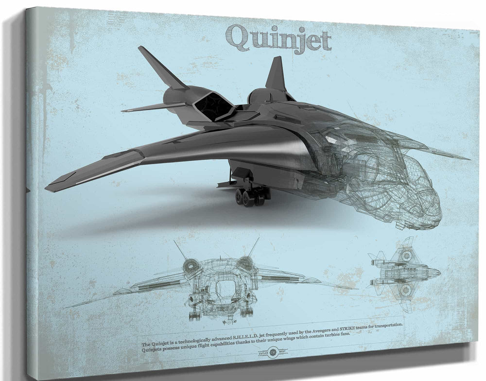 14" x 11" / Stretched Canvas Wrap Cutler West Quinjet Avengers Vintage Blueprint Wall Art