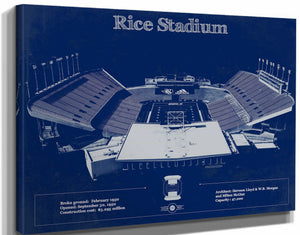 14" x 11" / Stretched Canvas Wrap Cutler West Rice Owls Wall Art - Vintage Rice Stadium Blueprint Art Print