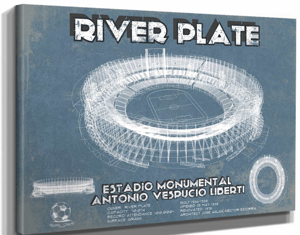 14" x 11" / Stretched Canvas Wrap Cutler West River Plate Estadio Monumental Antonio Vespucio Liberti Blueprint Soccer Print