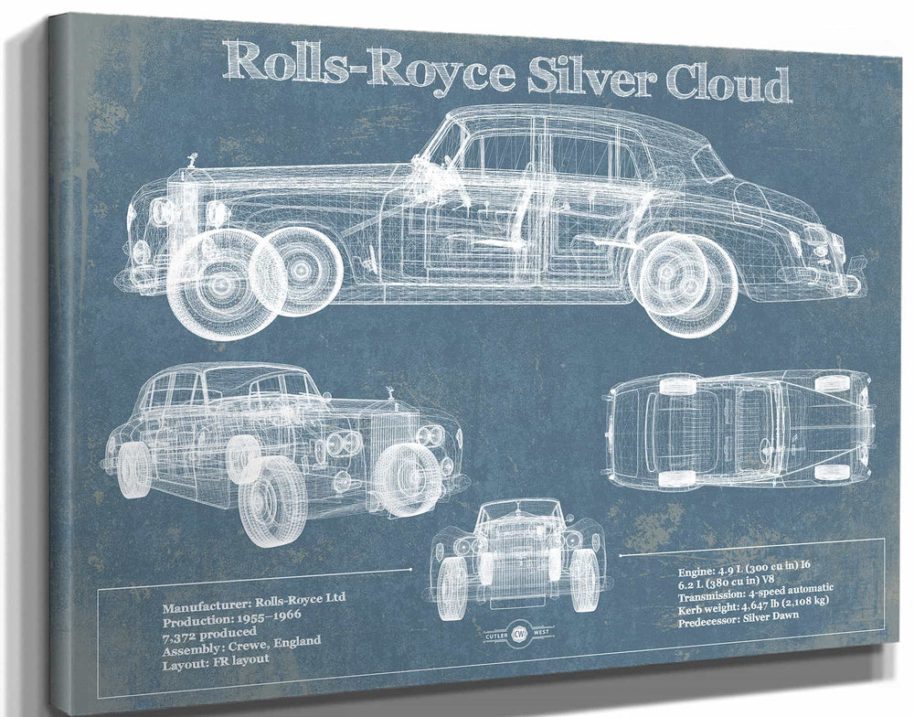 14" x 11" / Stretched Canvas Wrap Cutler West Rolls Royce Silver Cloud Vintage Blueprint Auto Print
