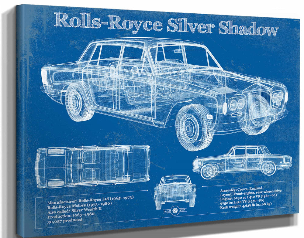 14" x 11" / Stretched Canvas Wrap Cutler West Rolls Royce Silver Shadow Vintage Blueprint Auto Print