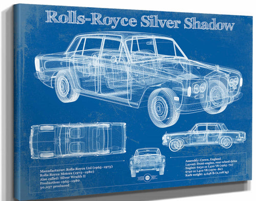14" x 11" / Stretched Canvas Wrap Cutler West Rolls Royce Silver Shadow Vintage Blueprint Auto Print