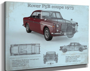 14" x 11" / Stretched Canvas Wrap Cutler West Rover P5b Coupe 1973 (Bordeaux Red) Blueprint Vintage Auto Print