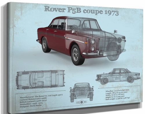 14" x 11" / Stretched Canvas Wrap Cutler West Rover P5b Coupe 1973 (Bordeaux Red) Blueprint Vintage Auto Print
