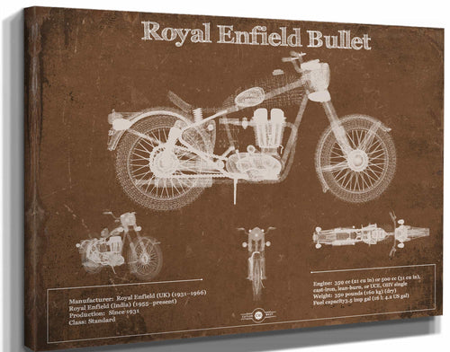 14" x 11" / Stretched Canvas Wrap Cutler West Royal Enfield Bullet Blueprint Motorcycle Patent Print