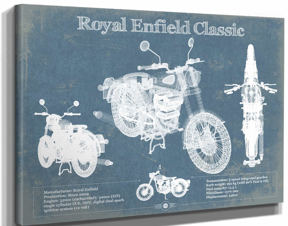 14" x 11" / Stretched Canvas Wrap Cutler West Royal Enfield Classis 350 And 500 Blueprint Motorcycle Patent Print
