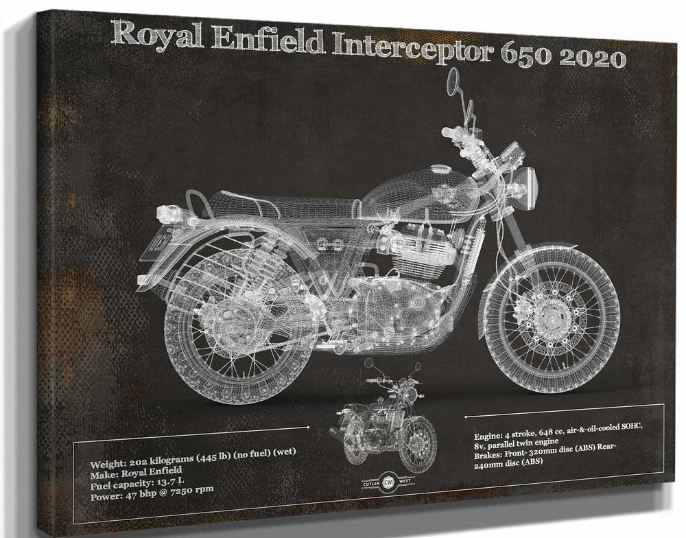 14" x 11" / Stretched Canvas Wrap Cutler West Royal Enfield Interceptor 650 2020 Blueprint Motorcycle Patent Print