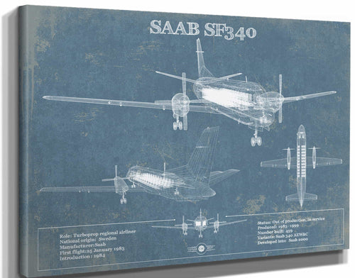 14" x 11" / Stretched Canvas Wrap Cutler West Saab 340 Turboprop Original Blueprint Art