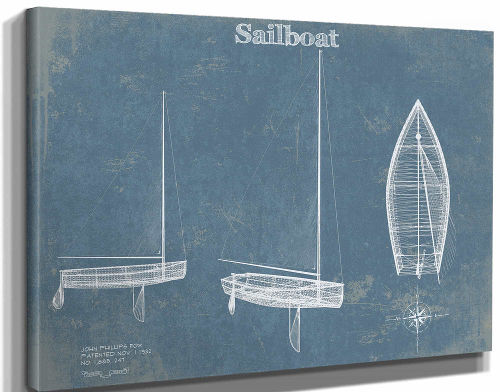 14" x 11" / Stretched Canvas Wrap Cutler West Sail Boat Blueprint - Patent of Sailing Vessel Print