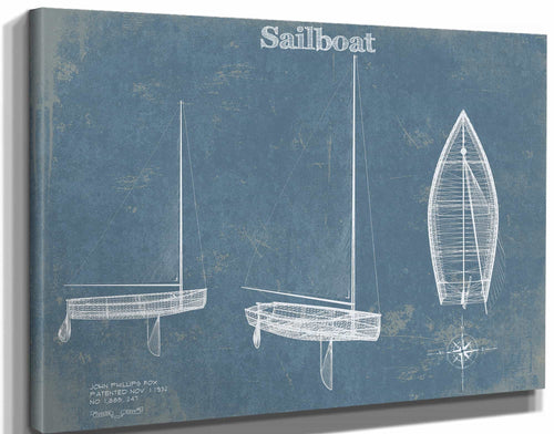 14" x 11" / Stretched Canvas Wrap Cutler West Sail Boat Blueprint - Patent of Sailing Vessel Print