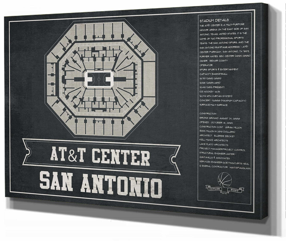 14" x 11" / Stretched Canvas Wrap Cutler West San Antonio Spurs - AT&T Center Vintage Basketball Blueprint NBA Team Color Print
