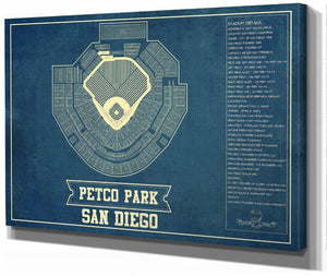 14" x 11" / Stretched Canvas Wrap Cutler West San Diego Padres - Petco Park Vintage Stadium Blueprint Baseball Poster