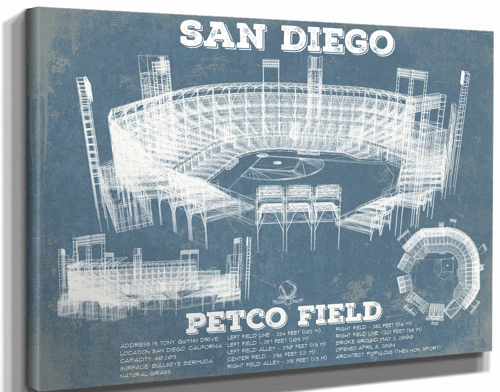 14" x 11" / Stretched Canvas Wrap Cutler West San Diego Padres - Petco Park Vintage Stadium Blueprint Baseball Print