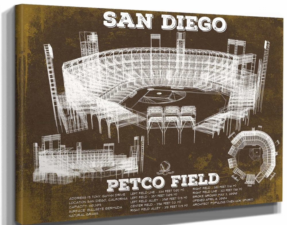 14" x 11" / Stretched Canvas Wrap Cutler West San Diego Padres Petco Park Vintage Stadium Team Color Baseball Print