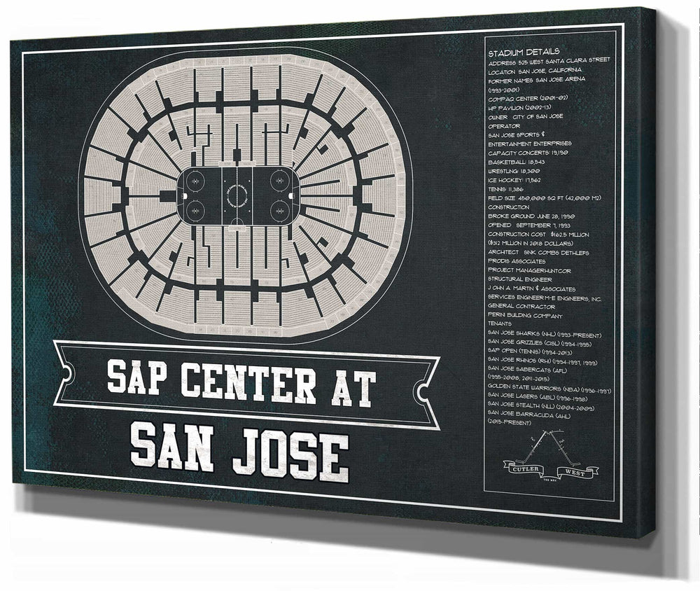 14" x 11" / Stretched Canvas Wrap Cutler West San Jose Sharks Team Colors - SAP Center (San Jose Arena) Vintage Hockey Blueprint NHL Print