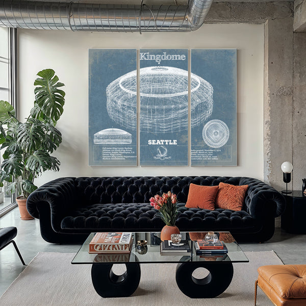Seattle Mariners - Kingdome Stadium Print as a 3 panel canvas wrap in a modern living room