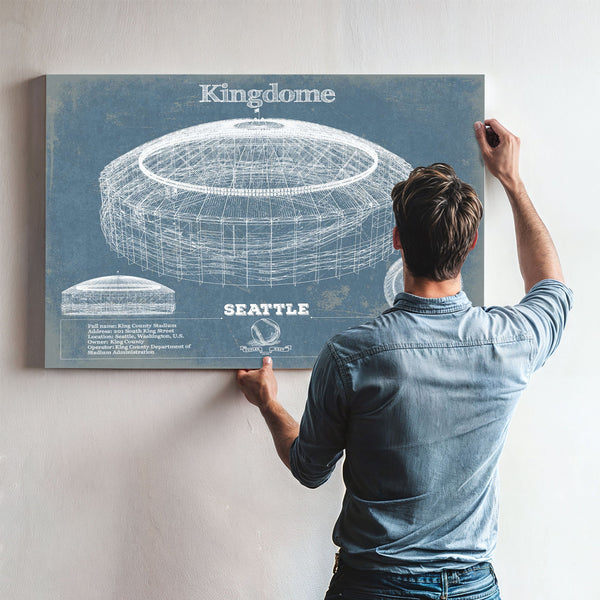 Seattle Mariners - Kingdome Stadium Print framed in Vintage Black above a mid-century record console
