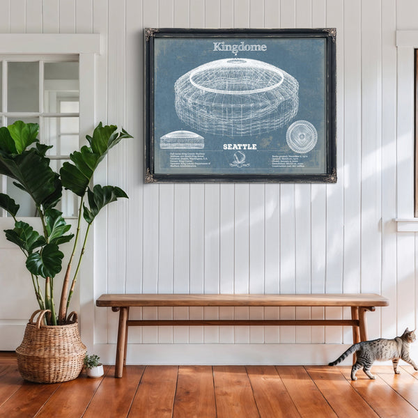 Seattle Mariners - Kingdome Stadium Print framed in Vintage Black above a rustic console table