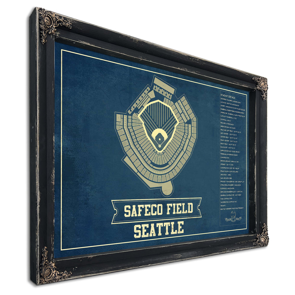 Seattle Mariners - Safeco Field Seating Stadium Print in a distressed Vintage Black wood frame with ornate corners