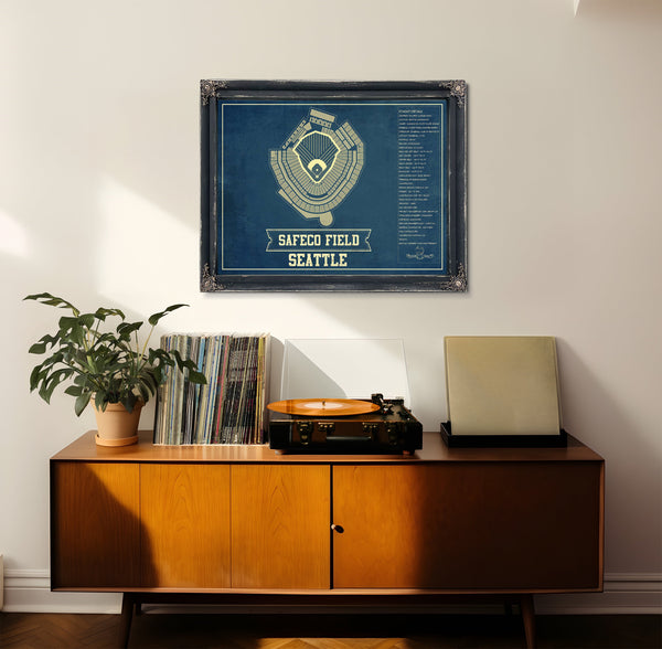 Seattle Mariners - Safeco Field Seating Stadium Print framed in Vintage Black in a loft bedroom