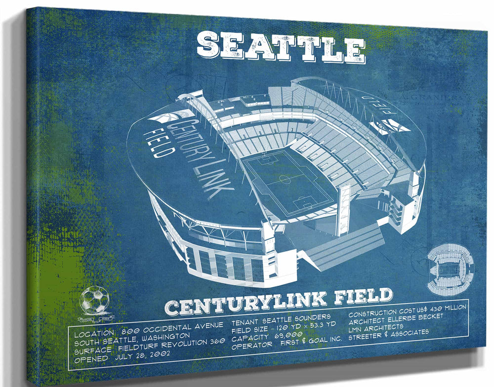 14" x 11" / Stretched Canvas Wrap Cutler West Seattle Sounders F.C. - Vintage Century Link Field MLS Soccer Print
