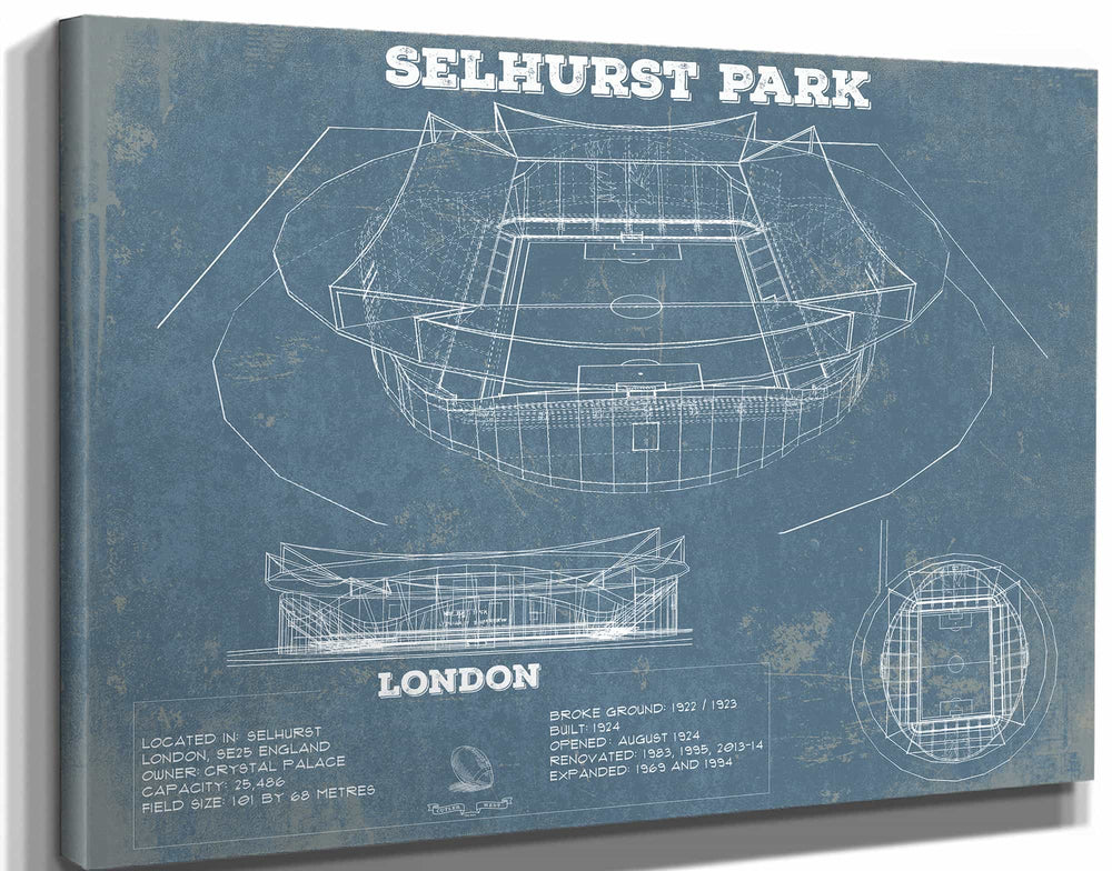 14" x 11" / Stretched Canvas Wrap Cutler West Selhurst Park Stadium A New Crystal Palace Blueprint Vintage Soccer Print