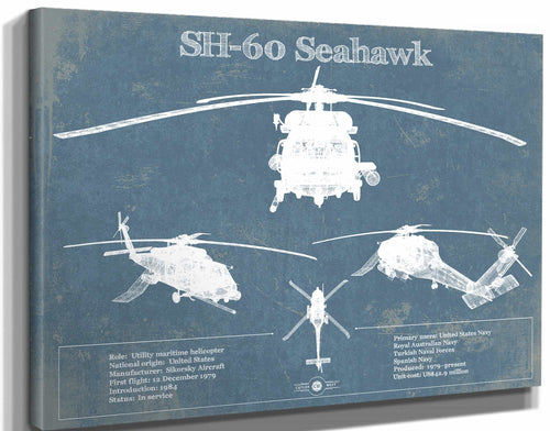 14" x 11" / Stretched Canvas Wrap Cutler West SH-60/MH-60 Seahawk Helicopter Vintage Aviation Blueprint Military Print