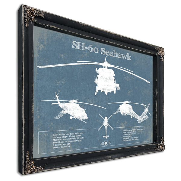 SH-60/MH-60 Seahawk Helicopter Print in a distressed Vintage Black wood frame with ornate corners