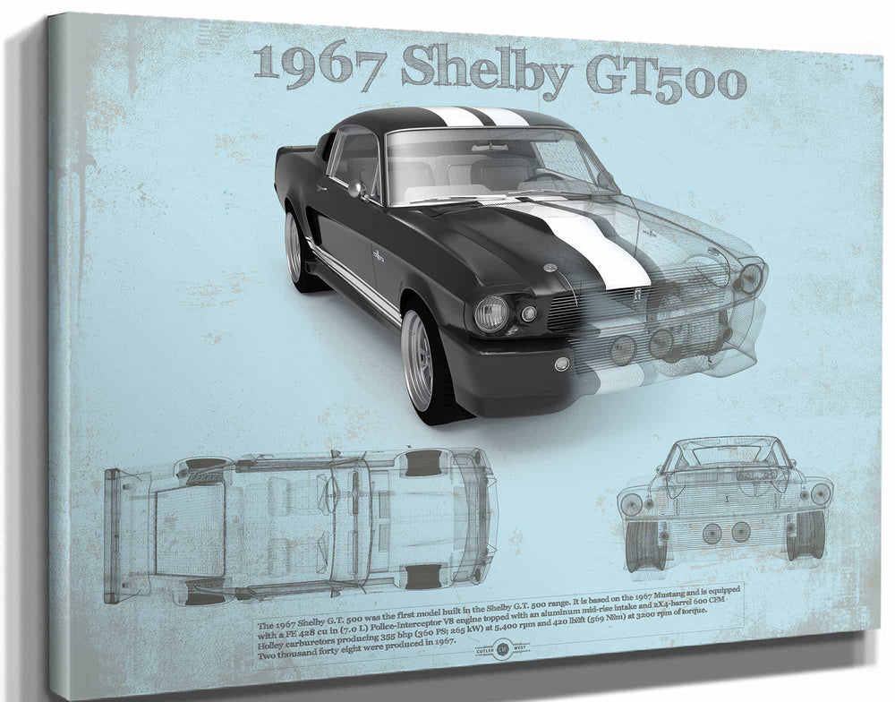 14" x 11" / Stretched Canvas Wrap Cutler West Shelby Mustang GT500 Blueprint Vintage Auto Print