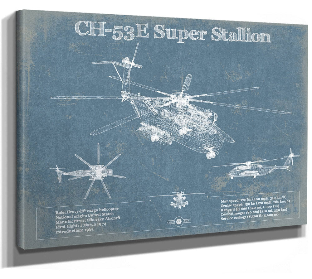 14" x 11" / Stretched Canvas Wrap Cutler West Sikorsky CH-53E Super Stallion Vintage Aviation Blueprint Military Print