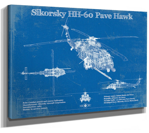 14" x 11" / Stretched Canvas Wrap Cutler West Sikorsky HH-60 Pave Hawk Vintage Aviation Blueprint Military Print
