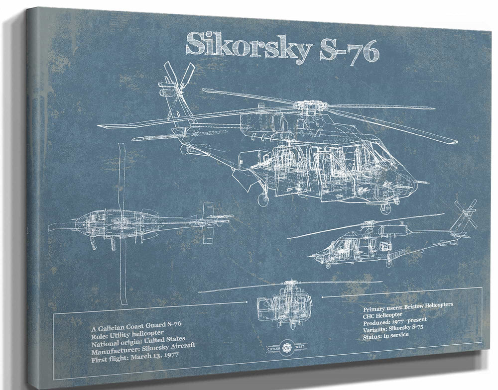 Cutler West Sikorsky S-76 Helicopter Vintage Aviation Blueprint Military Print