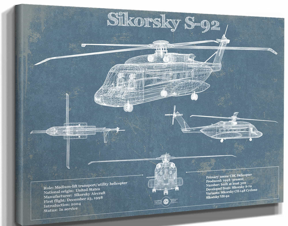 14" x 11" / Stretched Canvas Wrap Cutler West Sikorsky S-92 Helicopter Vintage Aviation Blueprint Military Print