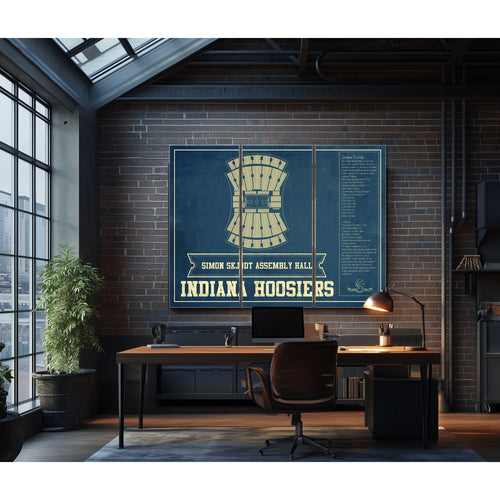 Simon Skjodt Assembly Hall Indiana Hoosiers Art Print as a 3 panel canvas wrap in an industrial loft office
