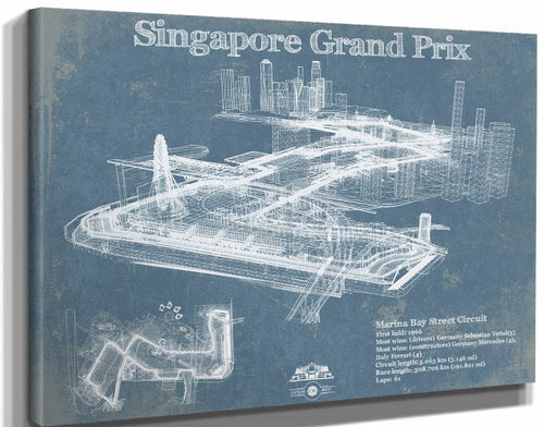 14" x 11" / Stretched Canvas Wrap Cutler West Singapore Grand Prix Blueprint Race Track Print