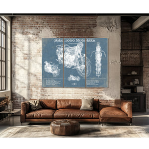 Sokol 1000 Blueprint Motorcycle Print as a 3 panel canvas wrap above a leather sofa