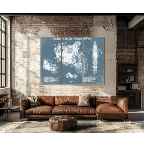 Sokol 1000 Blueprint Motorcycle Print as a 3 panel canvas wrap above a leather sofa