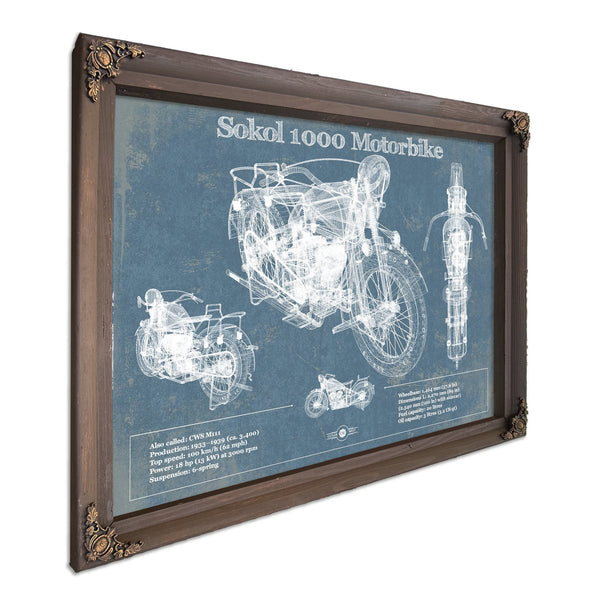 Sokol 1000 Blueprint Motorcycle Print in a Bourbon stained wood frame with antique gold corners