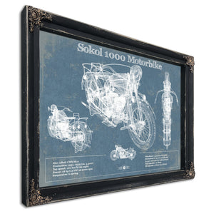 Sokol 1000 Blueprint Motorcycle Print in a distressed Vintage Black wood frame with ornate corners