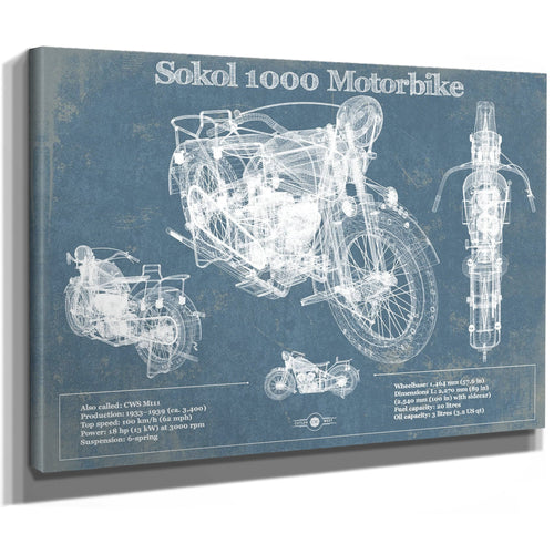 Sokol 1000 Blueprint Motorcycle Print as a stretched canvas wrap with gallery wrapped edges