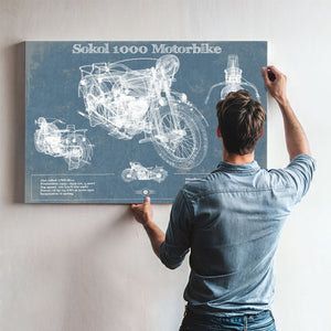 Sokol 1000 Blueprint Motorcycle Print framed in Vintage Black above a mid-century record console