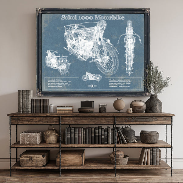 Sokol 1000 Blueprint Motorcycle Print canvas print size guide 24x18 36x24 48x36 inches