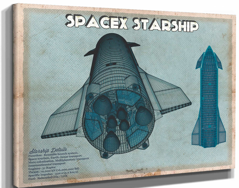 14" x 11" / Stretched Canvas Wrap Cutler West SpaceX Starship Blue Vintage Space Exploration Print