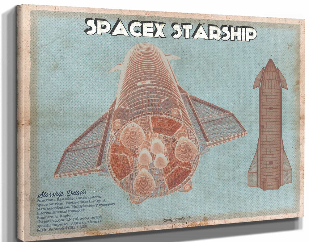 14" x 11" / Stretched Canvas Wrap Cutler West SpaceX Starship Vintage Space Exploration Print