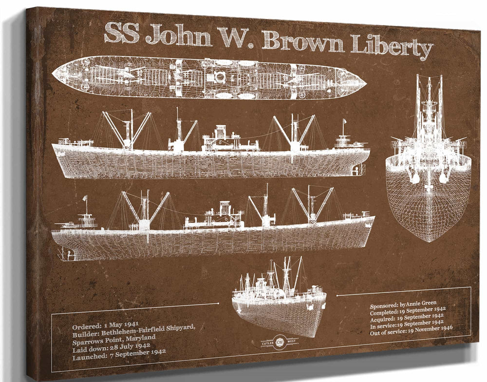 14" x 11" / Stretched Canvas Wrap Cutler West SS John W. Brown Liberty ship Blueprint Original Military Wall Art - Customizable