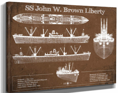 14" x 11" / Stretched Canvas Wrap Cutler West SS John W. Brown Liberty ship Blueprint Original Military Wall Art - Customizable