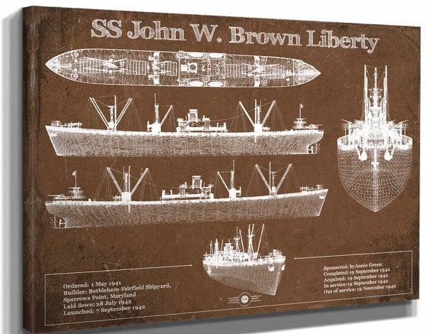14" x 11" / Stretched Canvas Wrap Cutler West SS John W. Brown Liberty ship Blueprint Original Military Wall Art - Customizable